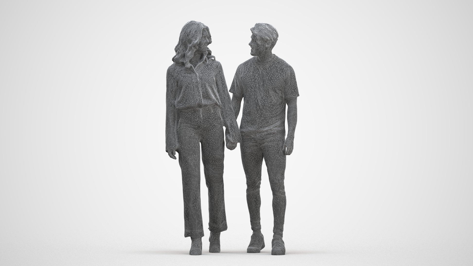 3D human model woman casual couple, photogrammetry scanned person for archviz, three-quarter front view render