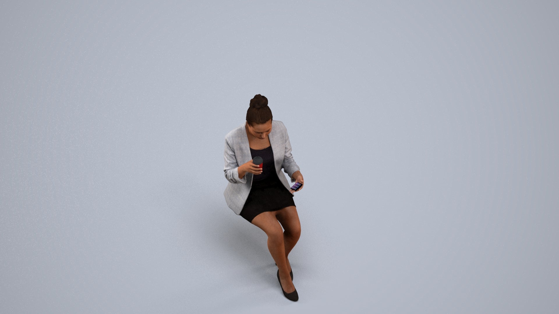 3D human model woman business, photogrammetry scanned person for archviz, back view render