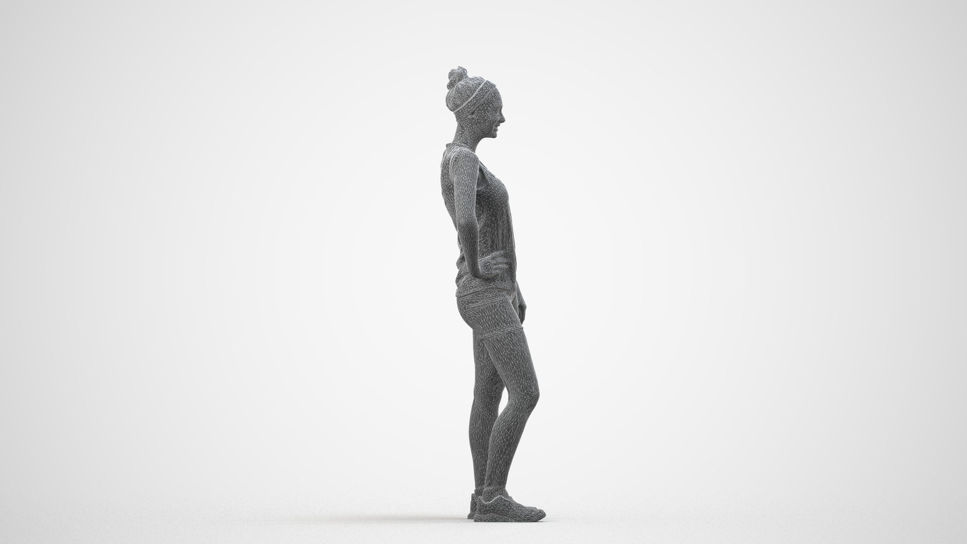 3D people model girl sport, scanned human for 3ds Max rendering, wireframe side view