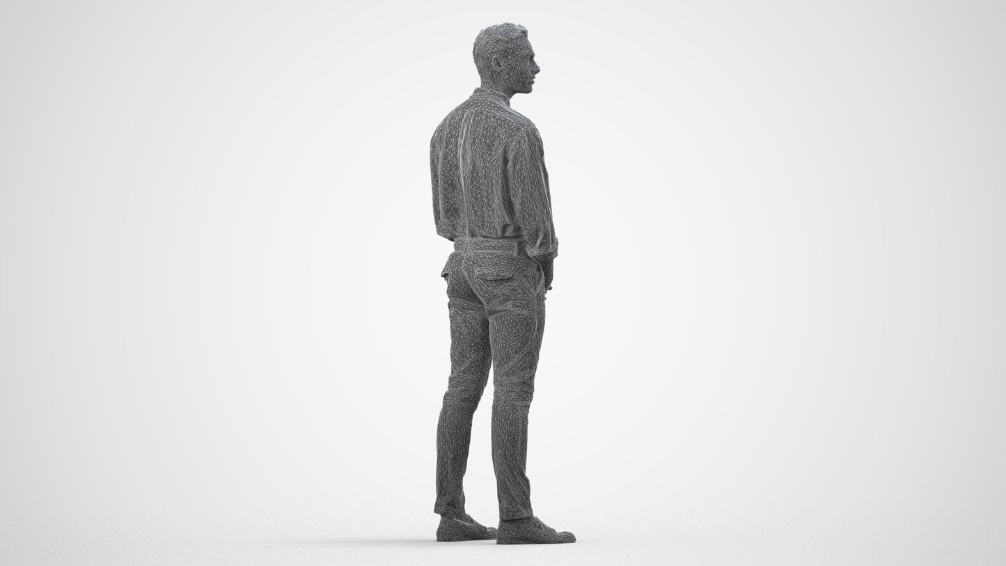 3D people model man casual standing, scanned human for 3ds Max rendering, wireframe side view