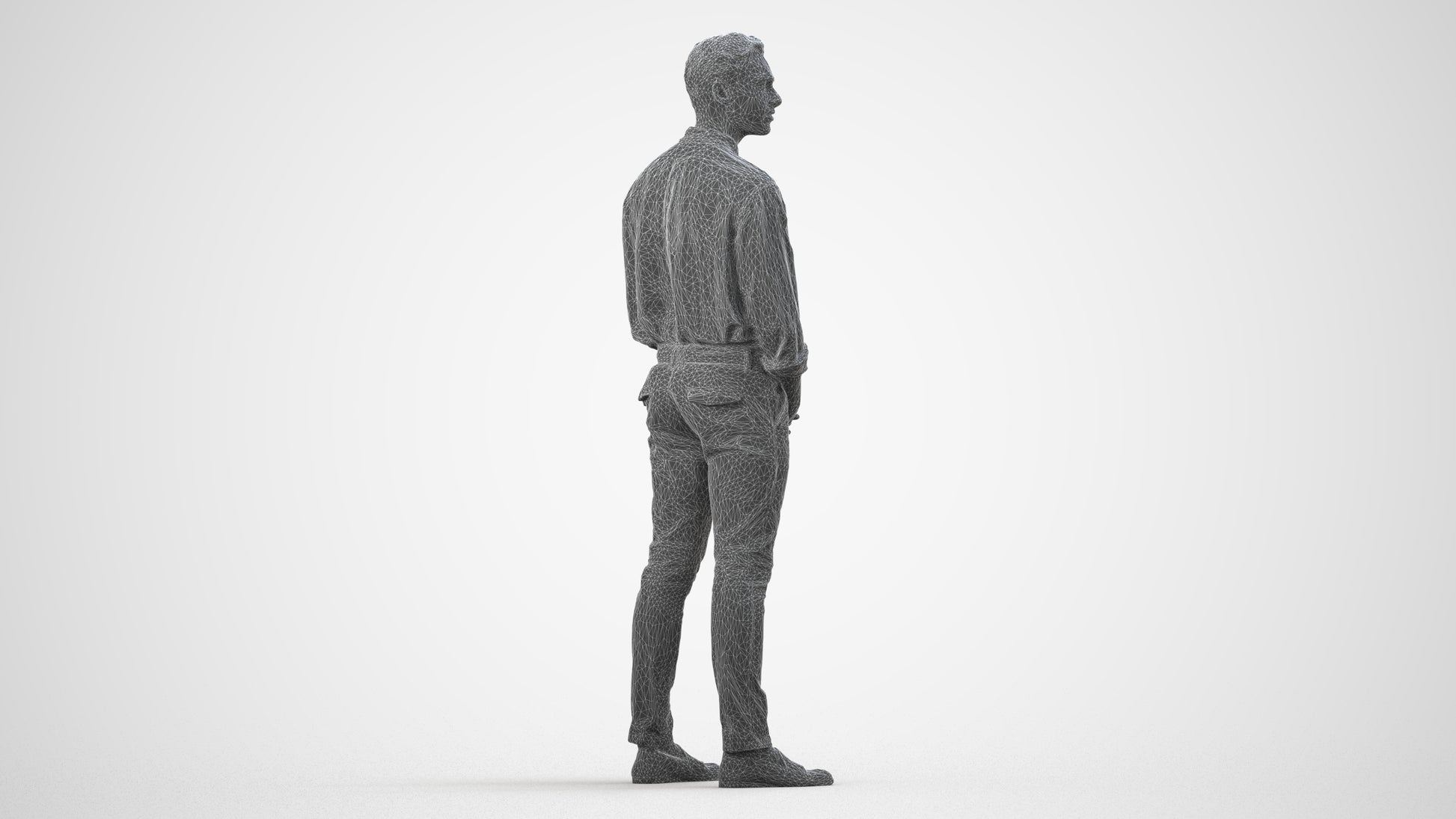 3D people model man casual standing, scanned human for 3ds Max rendering, wireframe side view