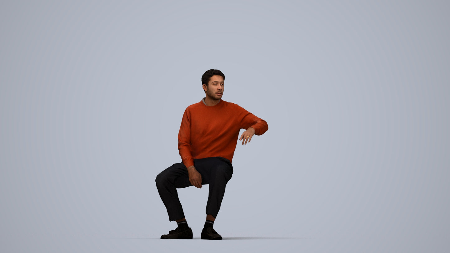 photogrammetry 3D man casual sitting, realistic human model archviz FBX, top-down view render