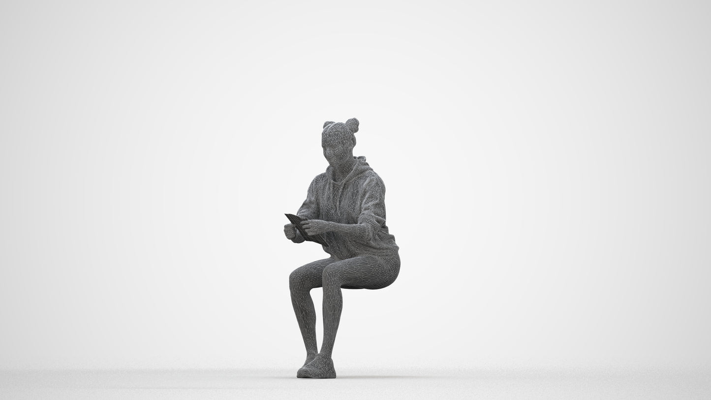 scanned 3D woman casual sitting, photogrammetry people for Enscape and V-Ray, wireframe back view