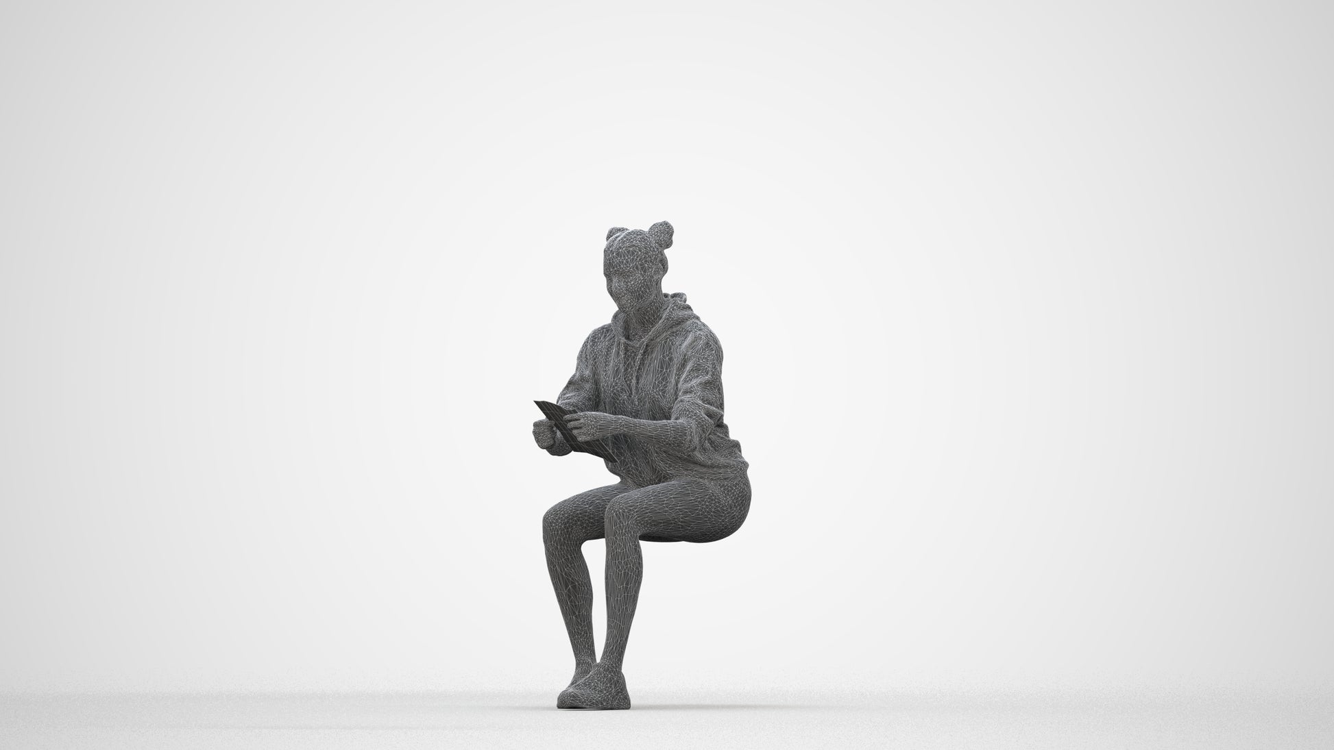 scanned 3D woman casual sitting, photogrammetry people for Enscape and V-Ray, wireframe back view