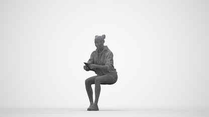 scanned 3D woman casual sitting, photogrammetry people for Enscape and V-Ray, wireframe back view