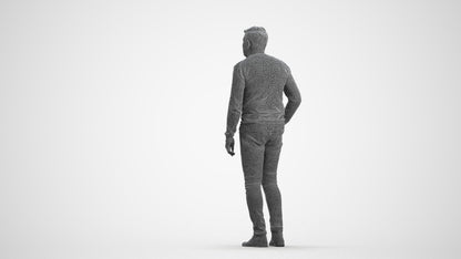 3D human model man casual standing, photogrammetry scanned person for archviz, wireframe front view