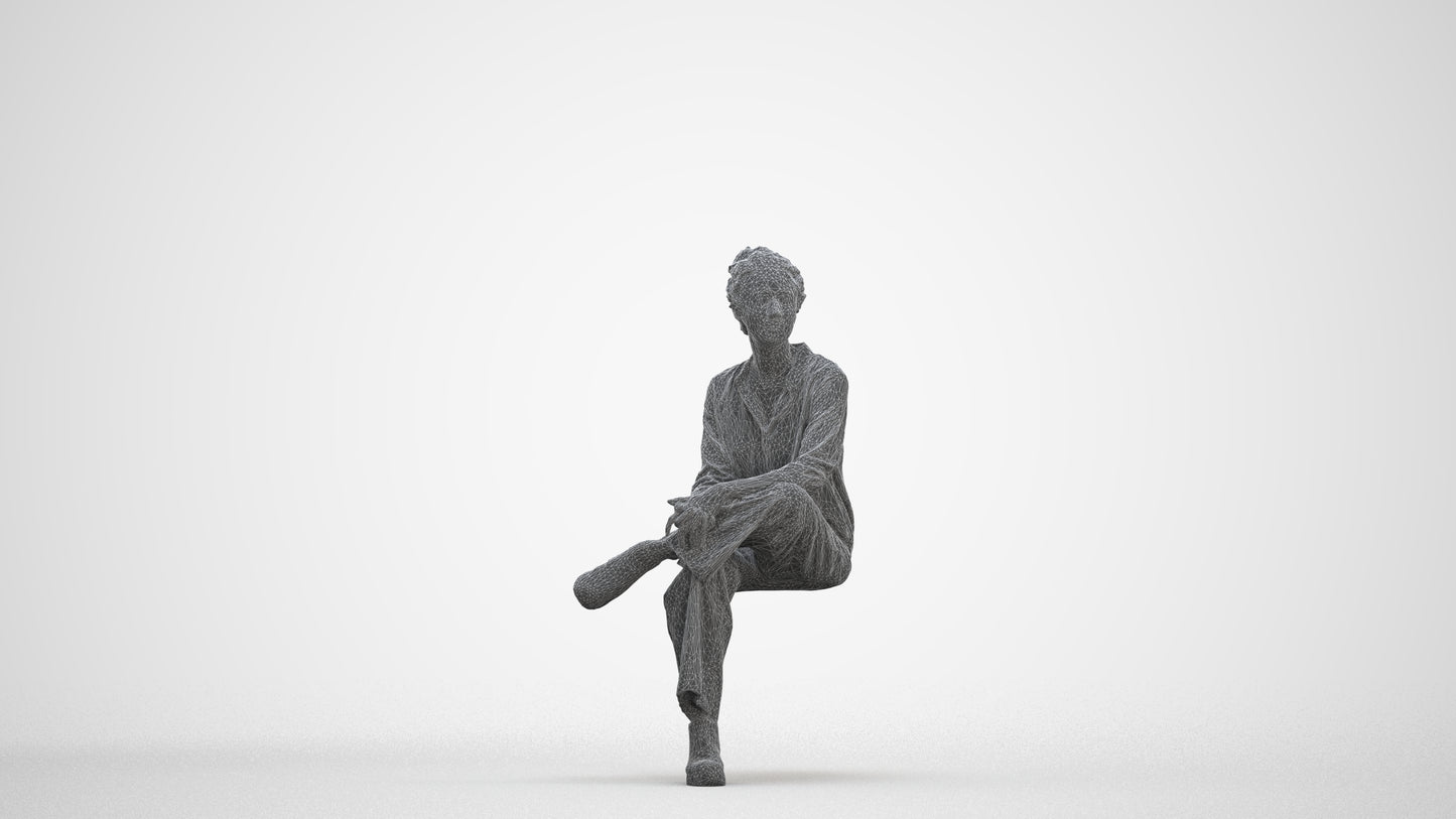 realistic 3D human woman casual sitting, archviz people FBX OBJ for Blender, three-quarter front view render