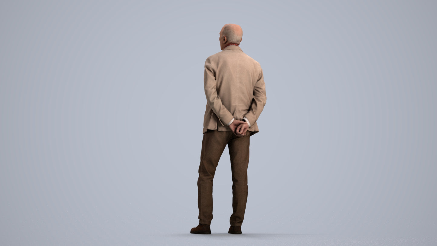 realistic 3D human senior man business standing, archviz people FBX OBJ for Blender, front view render