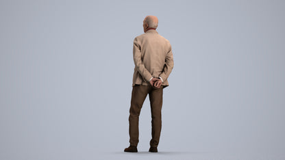 realistic 3D human senior man business standing, archviz people FBX OBJ for Blender, front view render