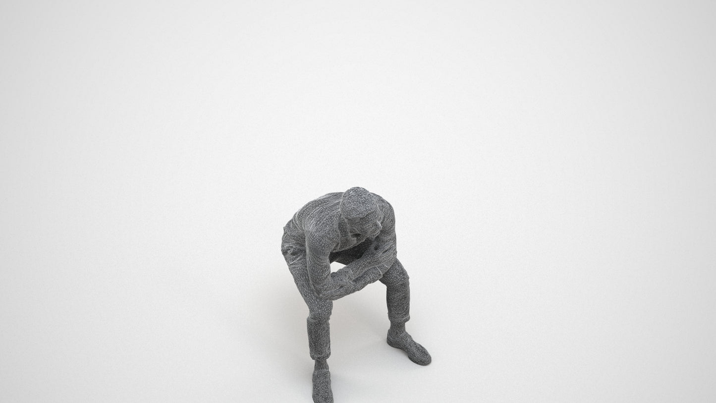 3D scanned man sitting casual, photorealistic archviz people for Enscape and SketchUp, wireframe three-quarter view