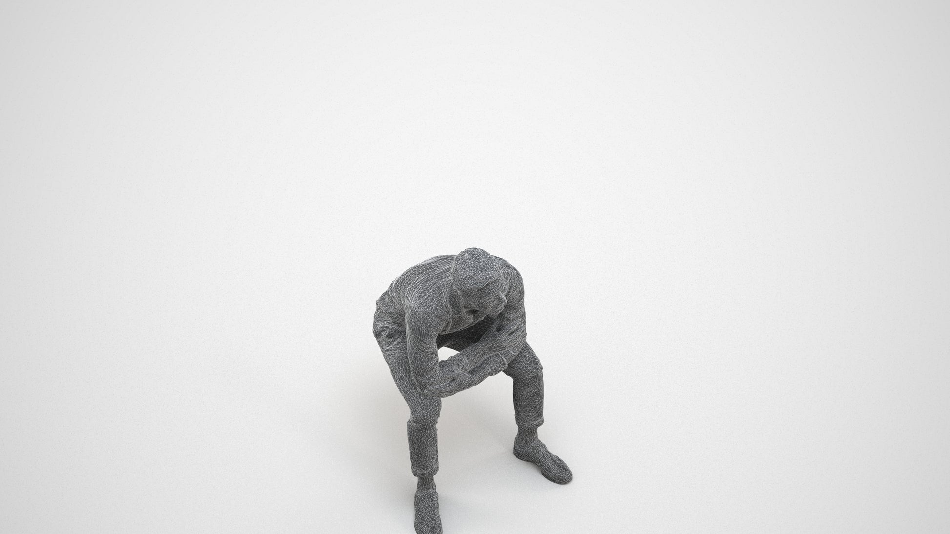 3D scanned man sitting casual, photorealistic archviz people for Enscape and SketchUp, wireframe three-quarter view