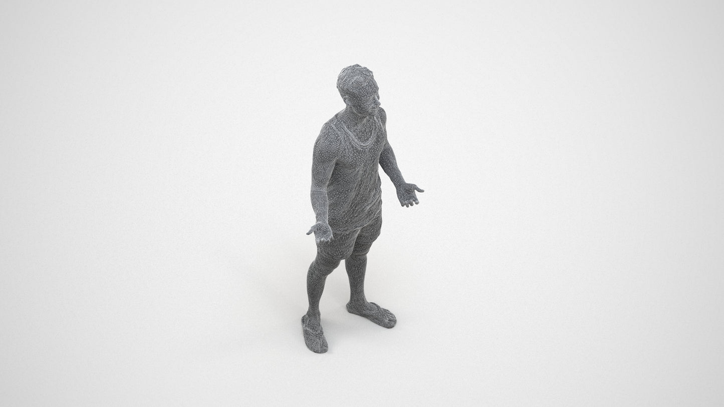 realistic 3D human man casual standing, archviz people FBX OBJ for Blender, wireframe three-quarter view