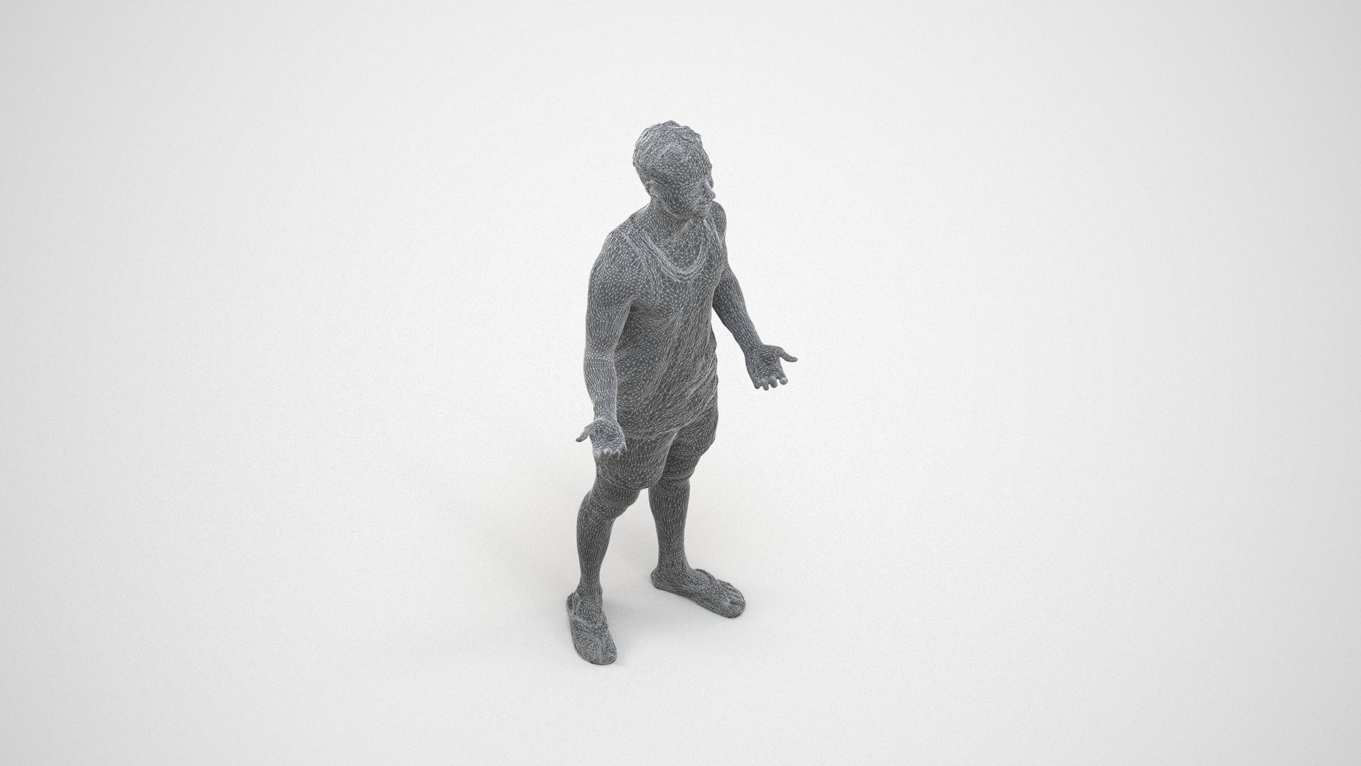 realistic 3D human man casual standing, archviz people FBX OBJ for Blender, wireframe three-quarter view