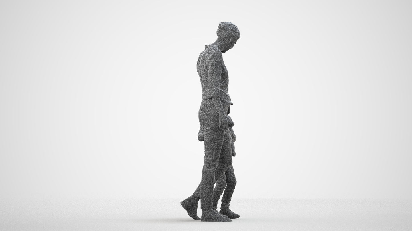 photogrammetry 3D girl casual kids, realistic human model archviz FBX, wireframe side view