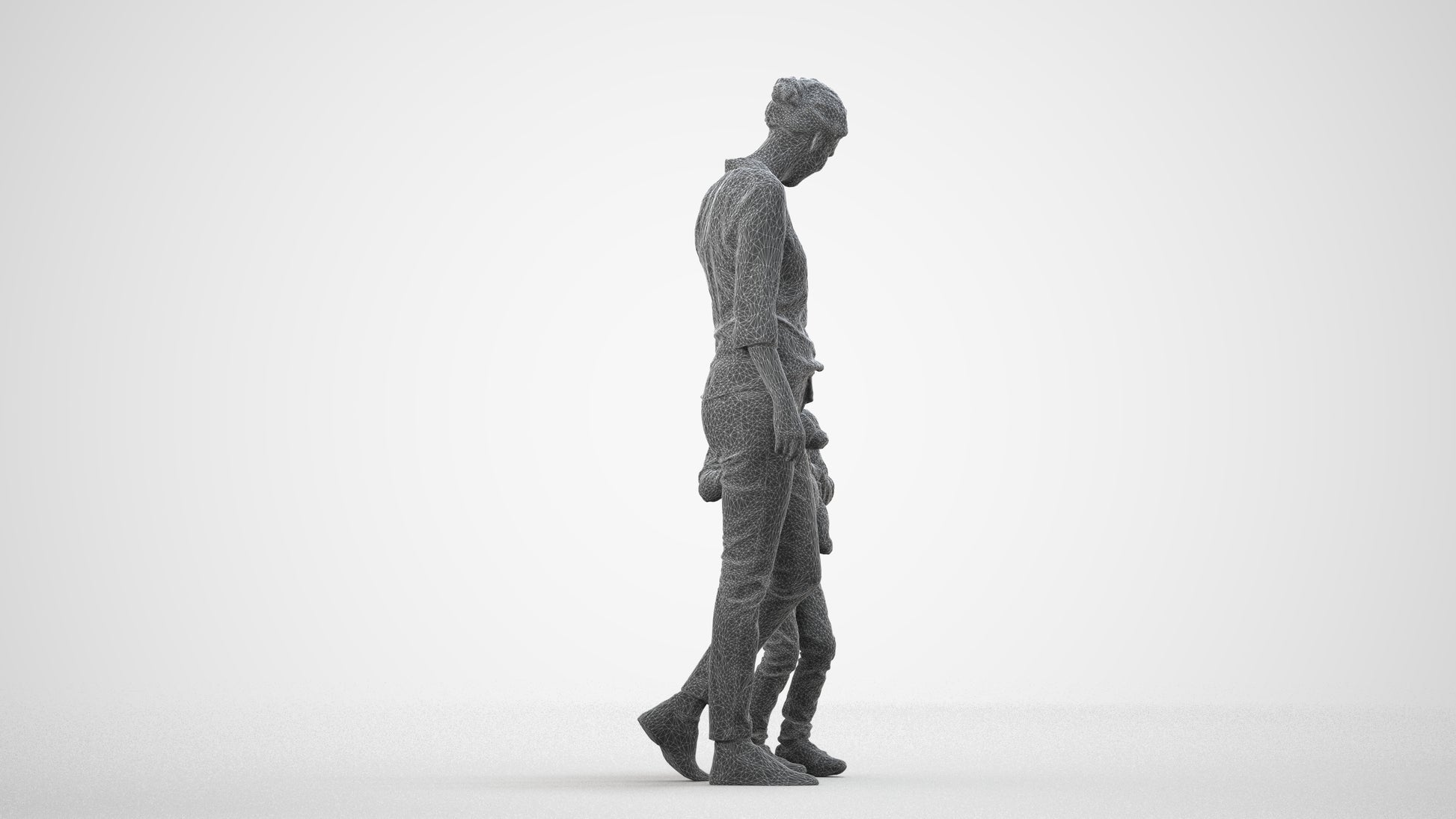 photogrammetry 3D girl casual kids, realistic human model archviz FBX, wireframe side view