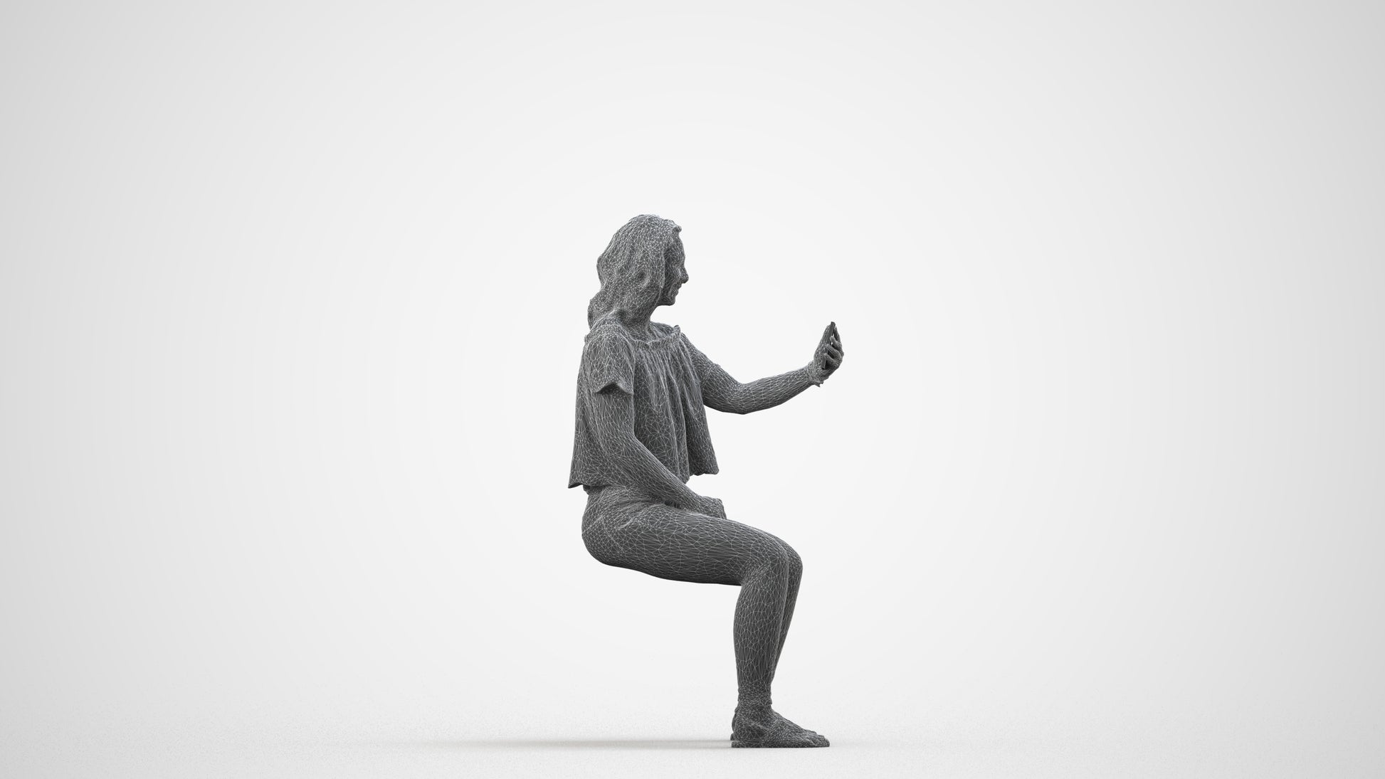 realistic 3D human woman casual sitting, archviz people FBX OBJ for Blender, wireframe side view