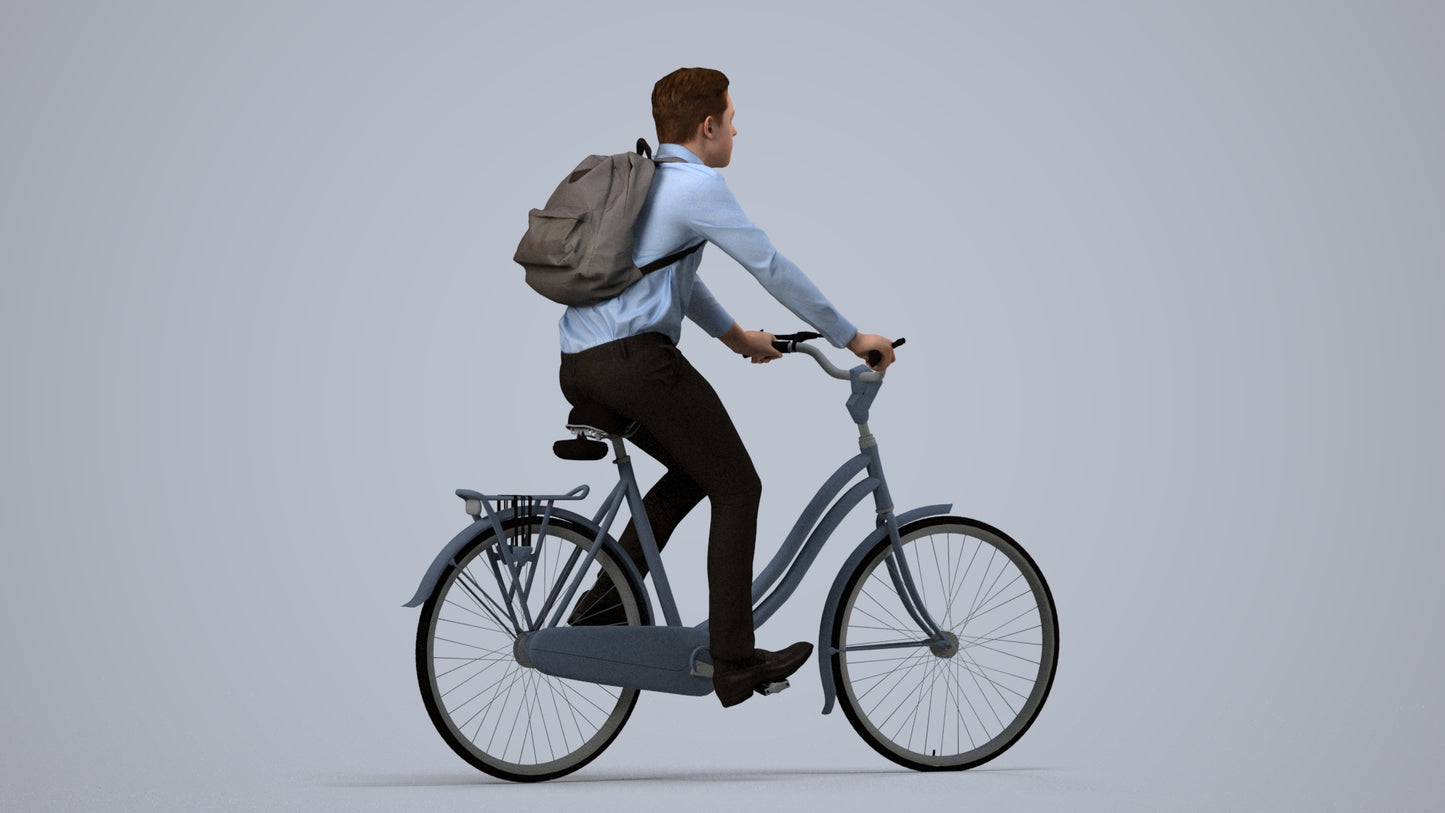 realistic 3D human boy business cycling, archviz people FBX OBJ for Blender, side view render