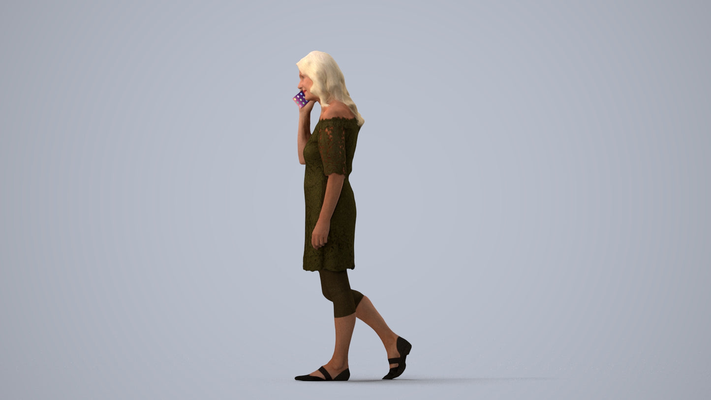 3D human model senior woman casual walking, photogrammetry scanned person for archviz, three-quarter view render