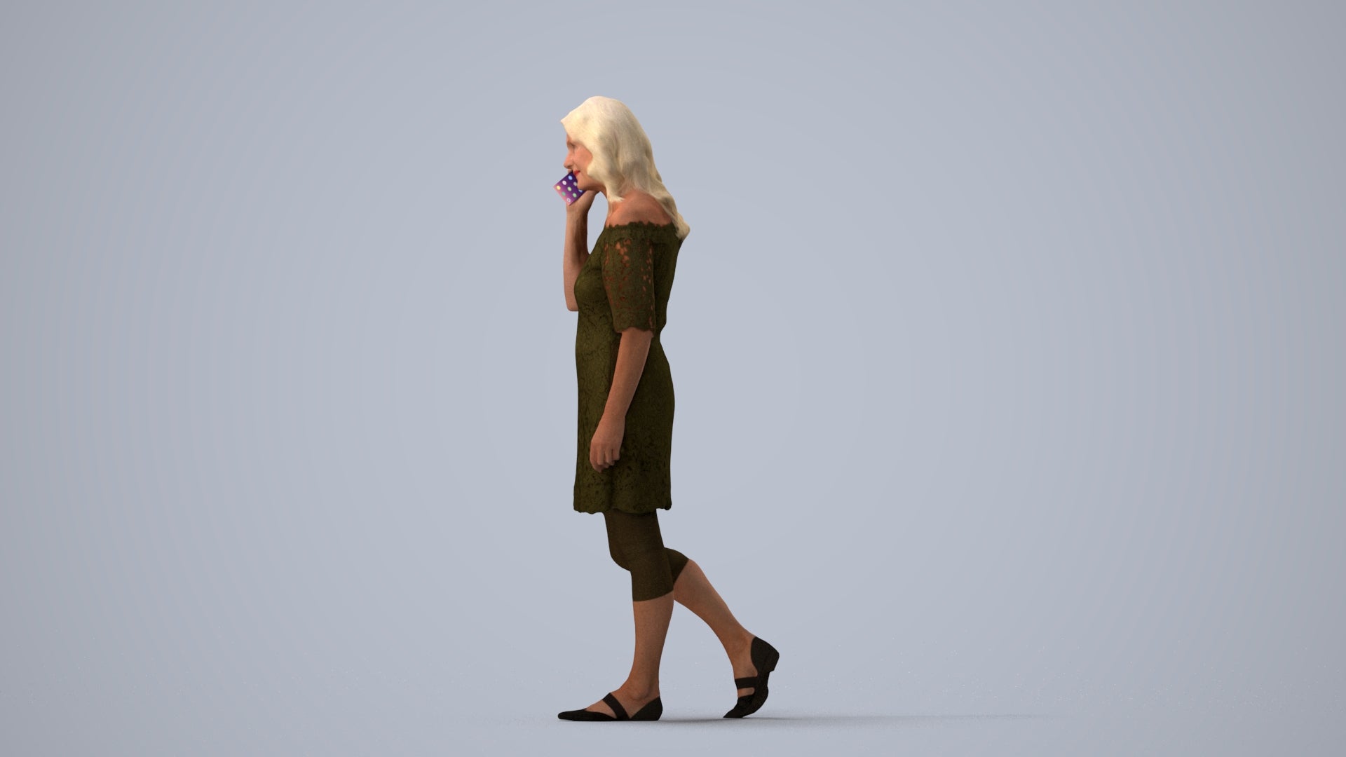 3D human model senior woman casual walking, photogrammetry scanned person for archviz, three-quarter view render