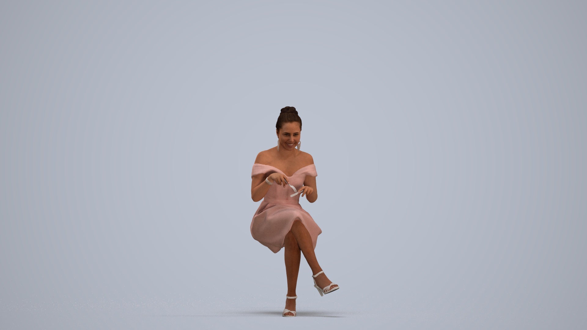 3D human model woman formal sitting, photogrammetry scanned person for archviz, standing pose render