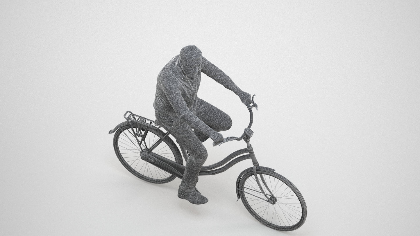 realistic 3D people man casual cycling, render-ready for V-Ray and Corona, FBX OBJ, wireframe three-quarter view