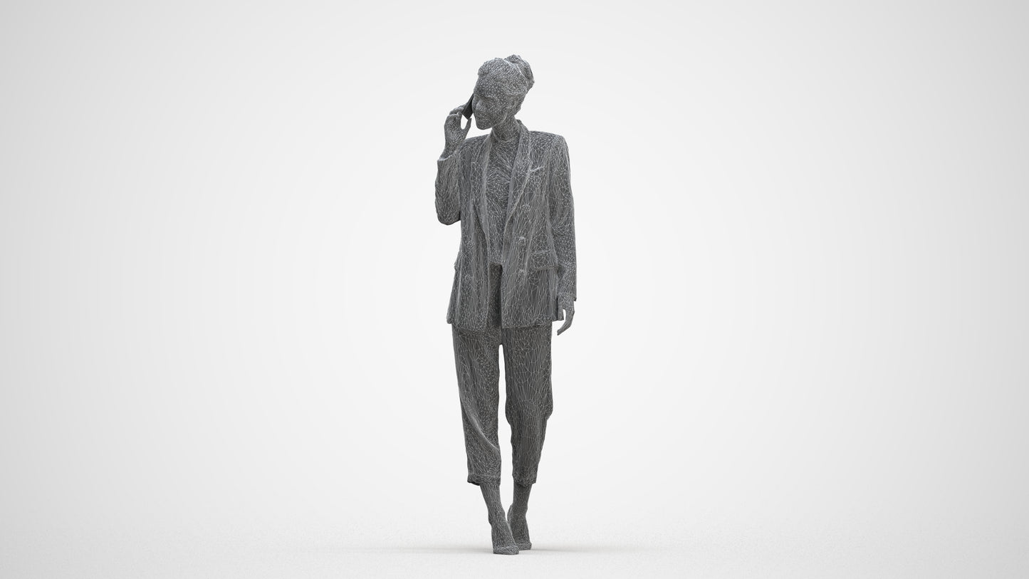 3D human model woman business walking, photogrammetry scanned person for archviz, three-quarter front view render
