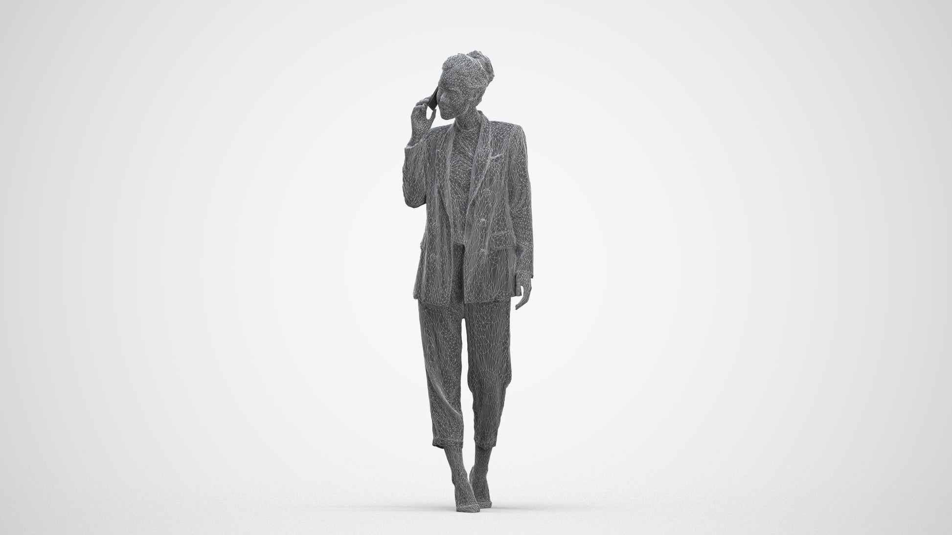 3D human model woman business walking, photogrammetry scanned person for archviz, three-quarter front view render