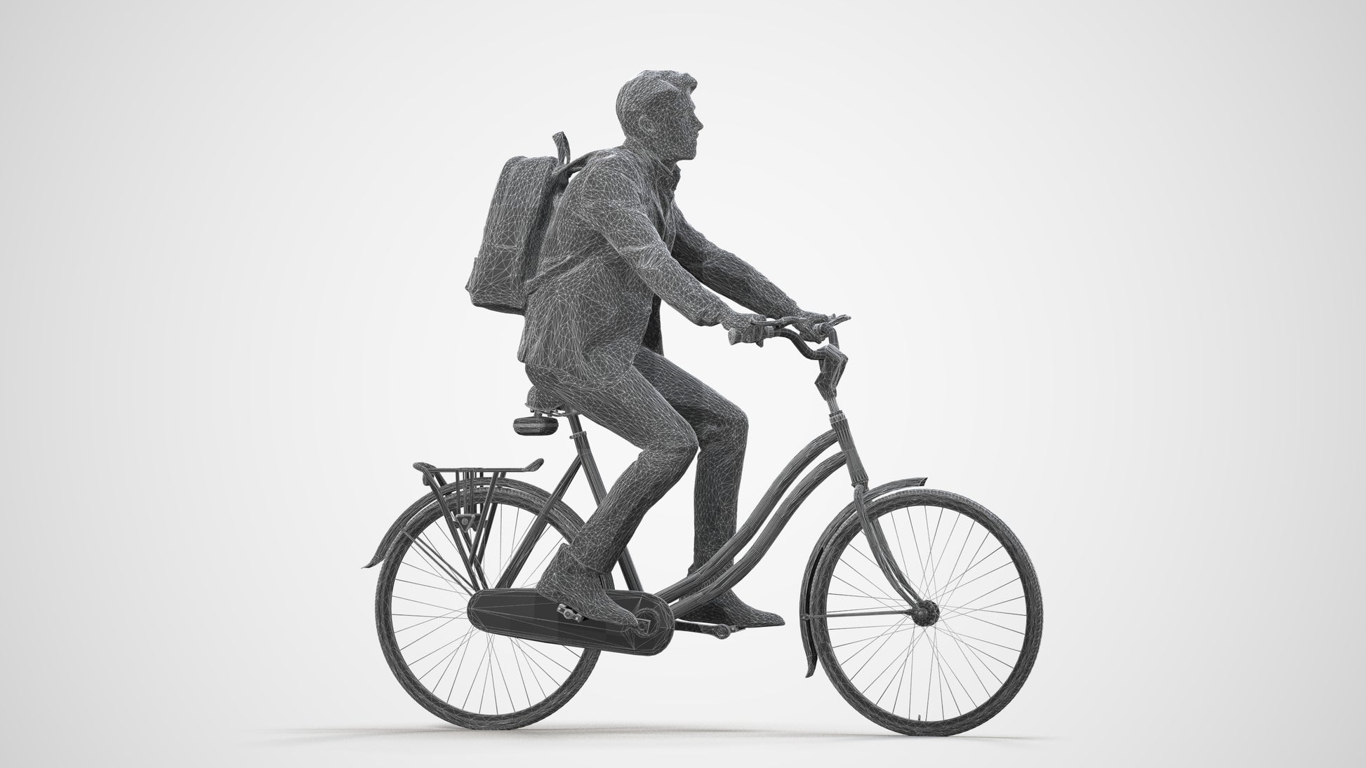 3D scanned man cycling business, photorealistic archviz people for Enscape and SketchUp, wireframe side view