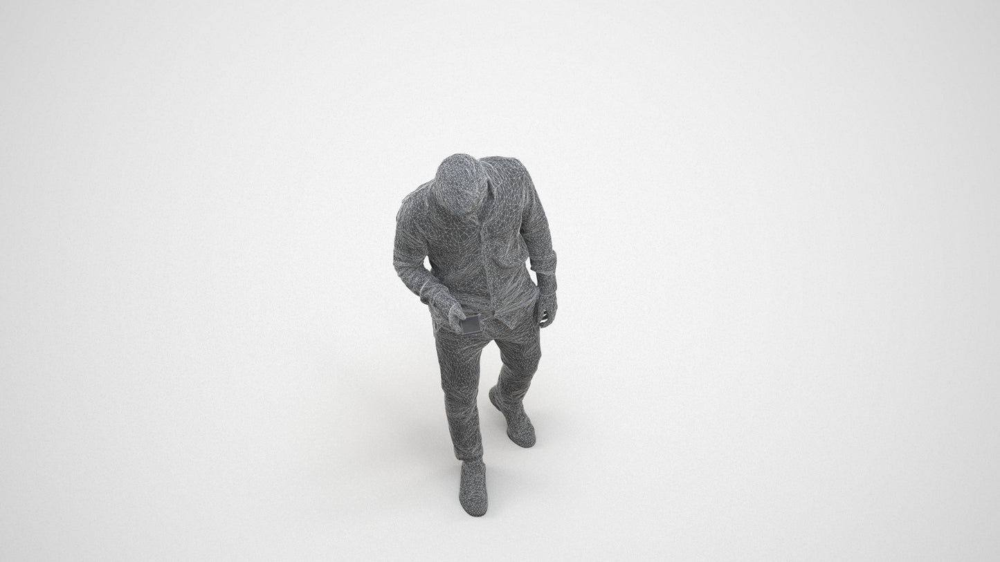 realistic 3D human man casual walking, archviz people FBX OBJ for Blender, wireframe three-quarter view