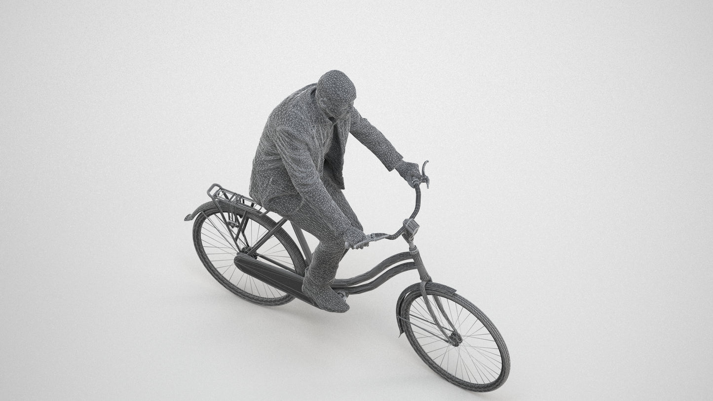 realistic 3D senior man business cycling, scanned archviz people for Blender and 3ds Max, wireframe three-quarter view