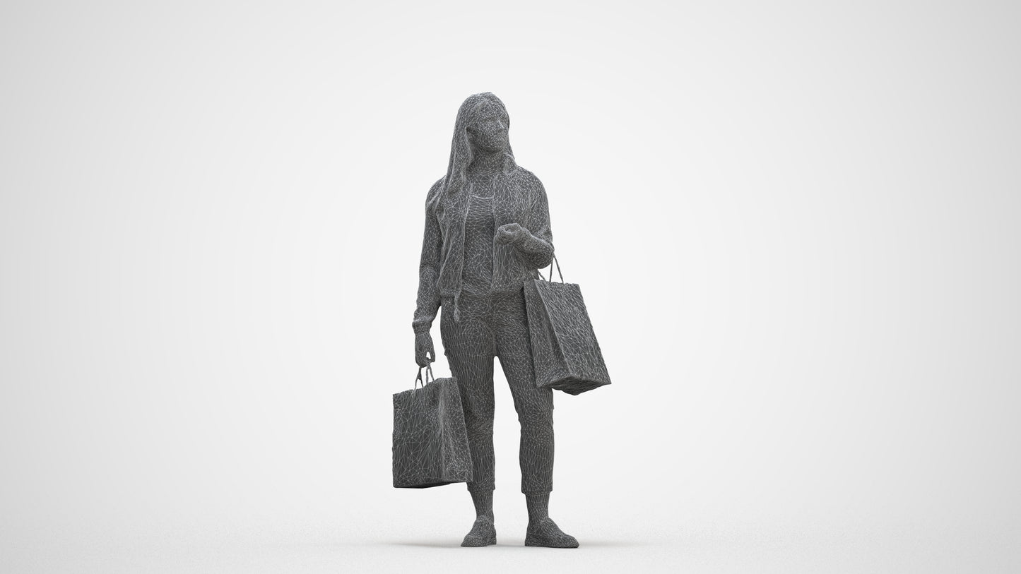 scanned 3D woman casual shopping, photogrammetry people for Enscape and V-Ray, three-quarter front view render