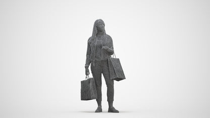 scanned 3D woman casual shopping, photogrammetry people for Enscape and V-Ray, three-quarter front view render
