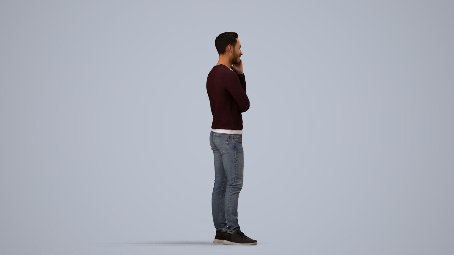 3D human model man casual standing, photogrammetry scanned person for archviz, side view render