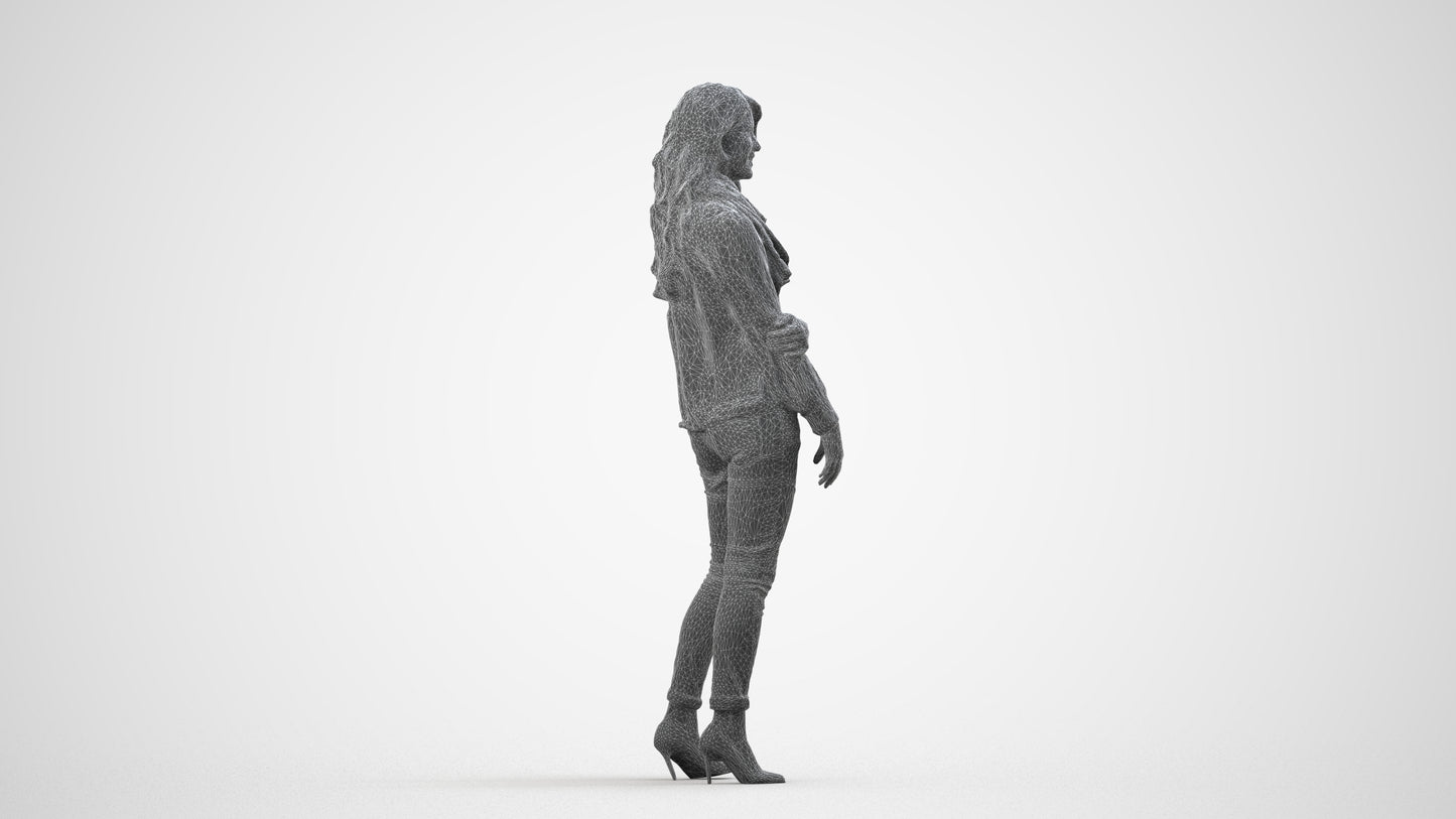 photogrammetry 3D woman casual standing, realistic human model archviz FBX, wireframe side view