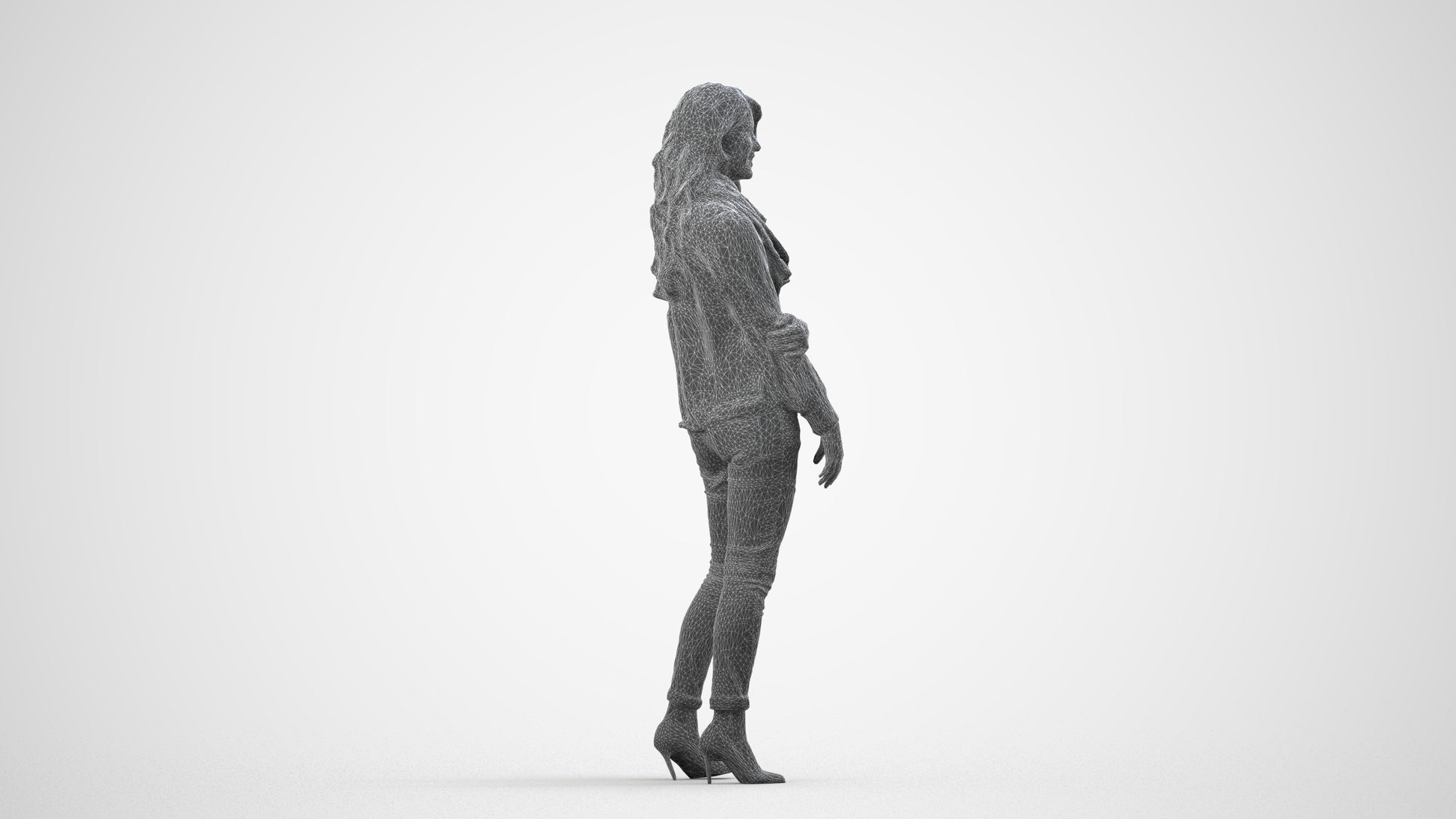 photogrammetry 3D woman casual standing, realistic human model archviz FBX, wireframe side view