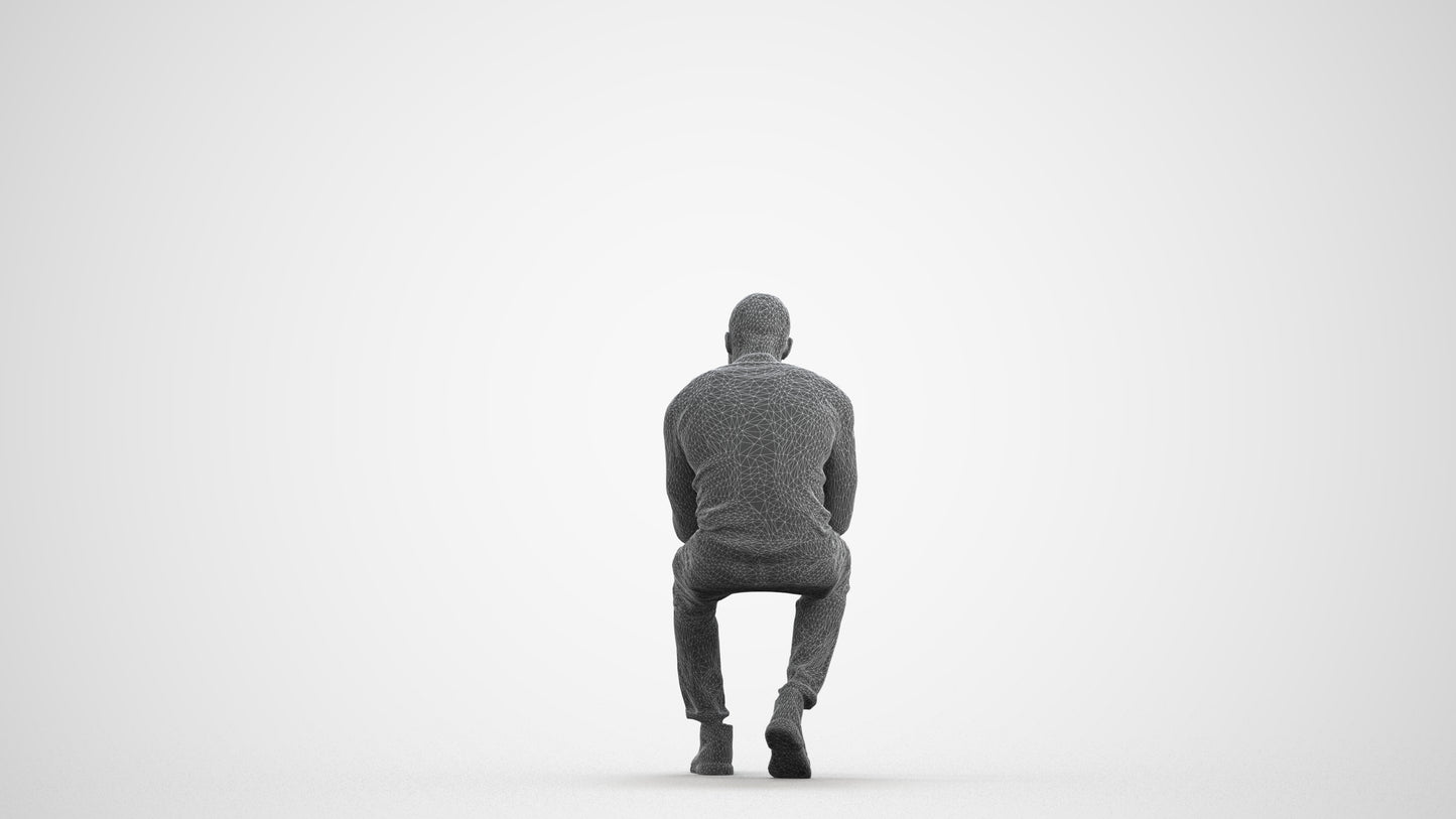 photogrammetry 3D man casual sitting, realistic human model archviz FBX, wireframe front view
