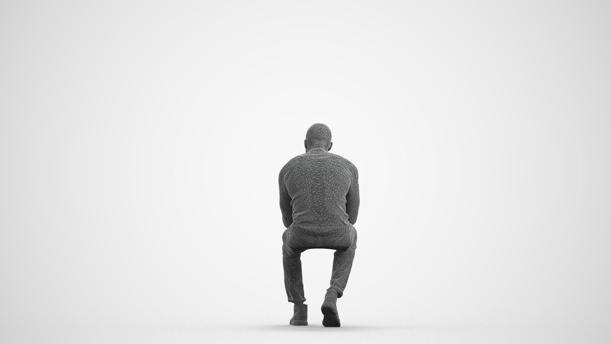 photogrammetry 3D man casual sitting, realistic human model archviz FBX, wireframe front view