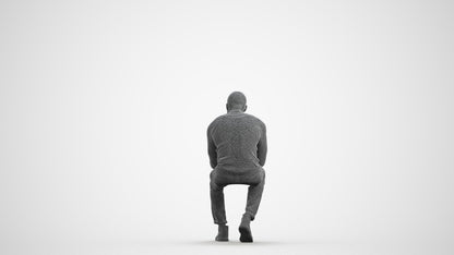 photogrammetry 3D man casual sitting, realistic human model archviz FBX, wireframe front view