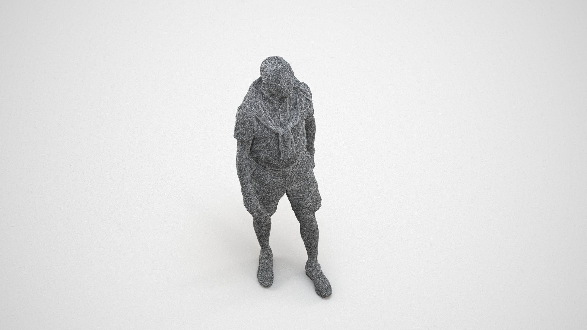 3D scanned senior man standing casual, photorealistic archviz people for Enscape and SketchUp, wireframe three-quarter view