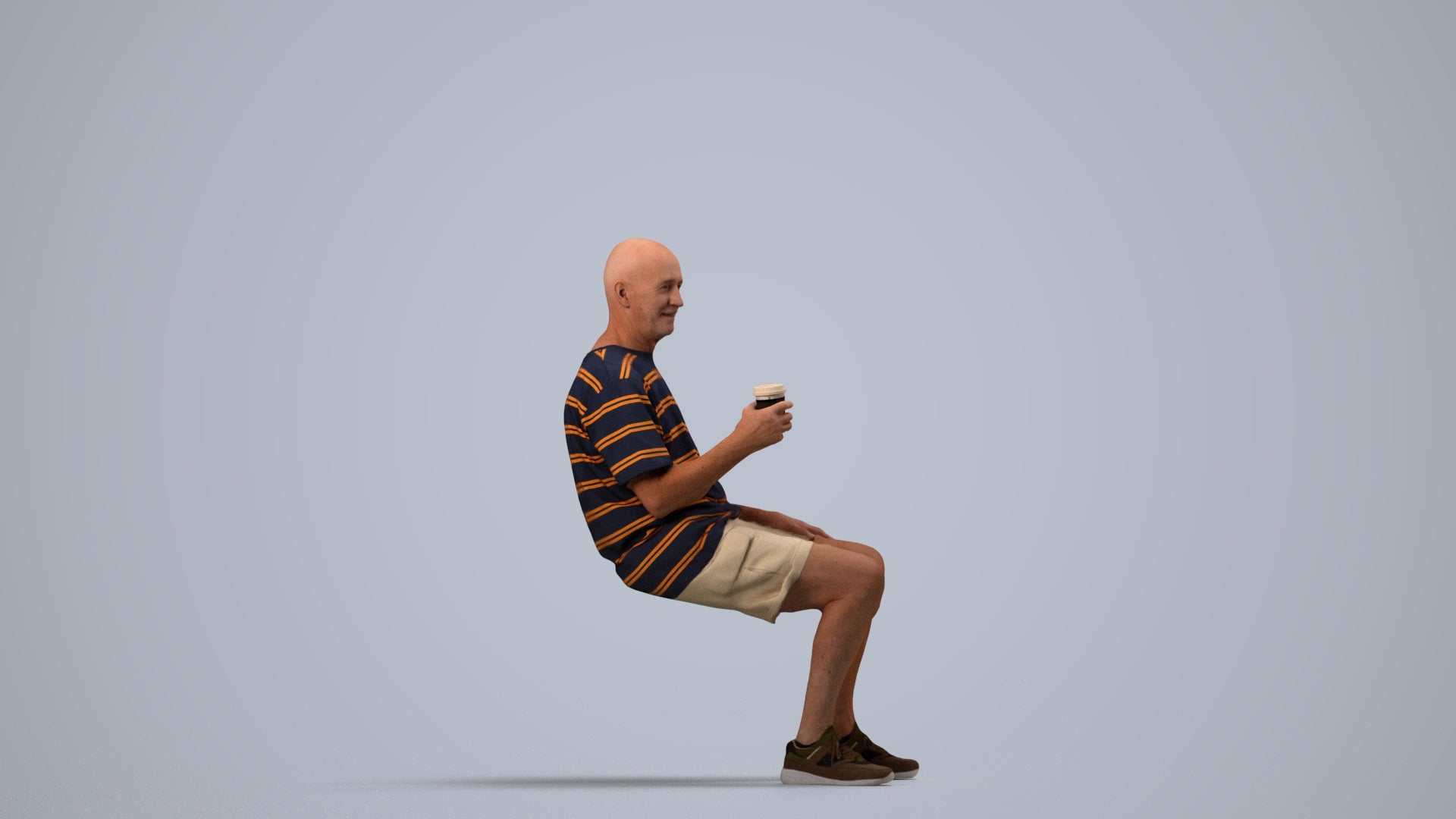 3D human model senior man casual sitting, photogrammetry scanned person for archviz, side view render