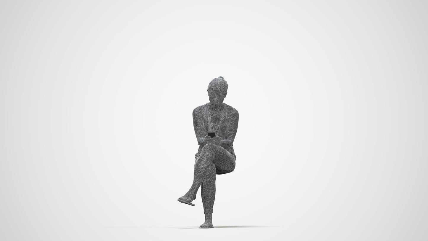realistic 3D people woman casual sitting, render-ready for V-Ray and Corona, FBX OBJ, wireframe back view