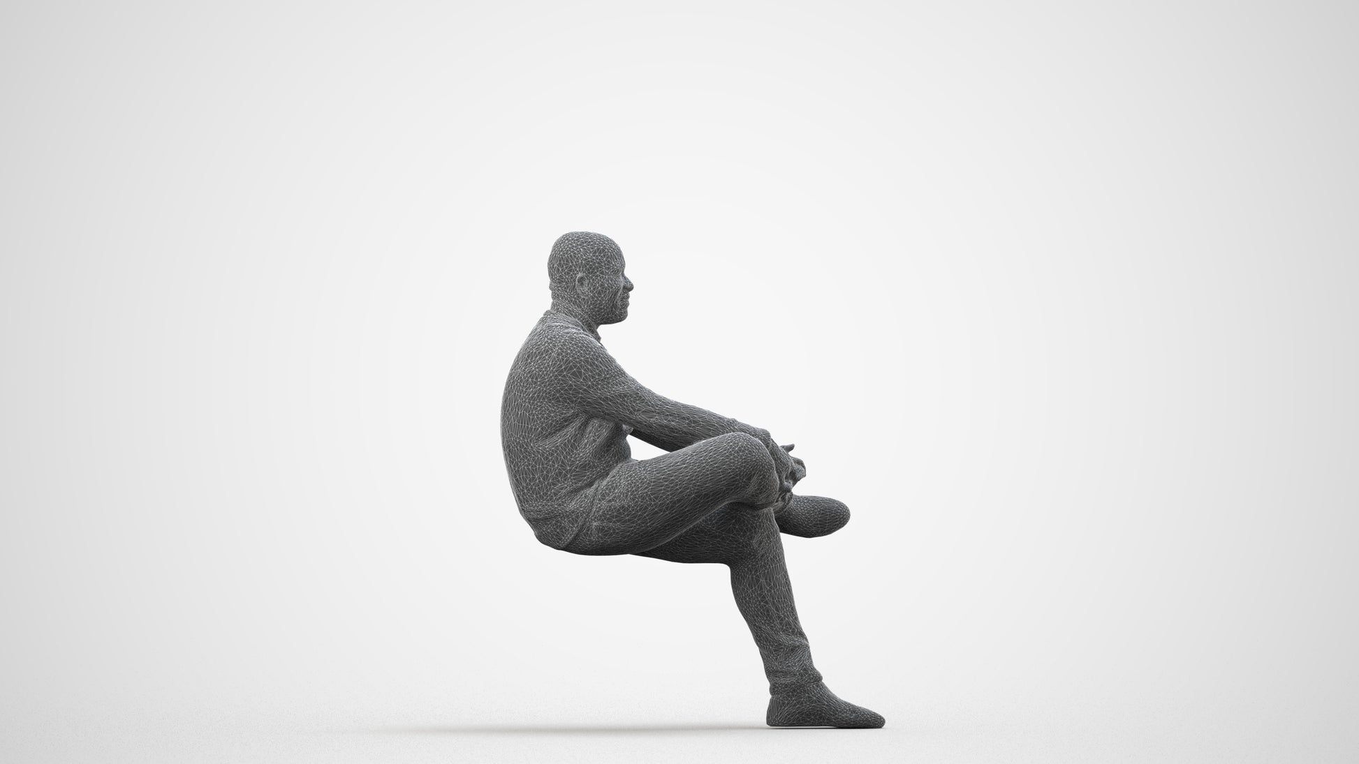 scanned 3D man casual sitting, photogrammetry people for Enscape and V-Ray, wireframe side view