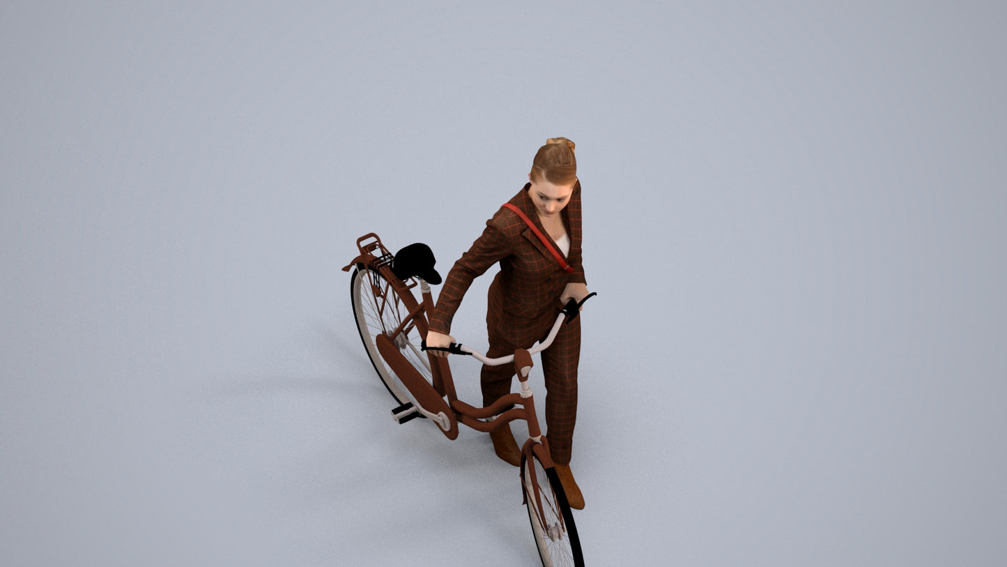 realistic 3D human woman business cycling, archviz people FBX OBJ for Blender, back view render