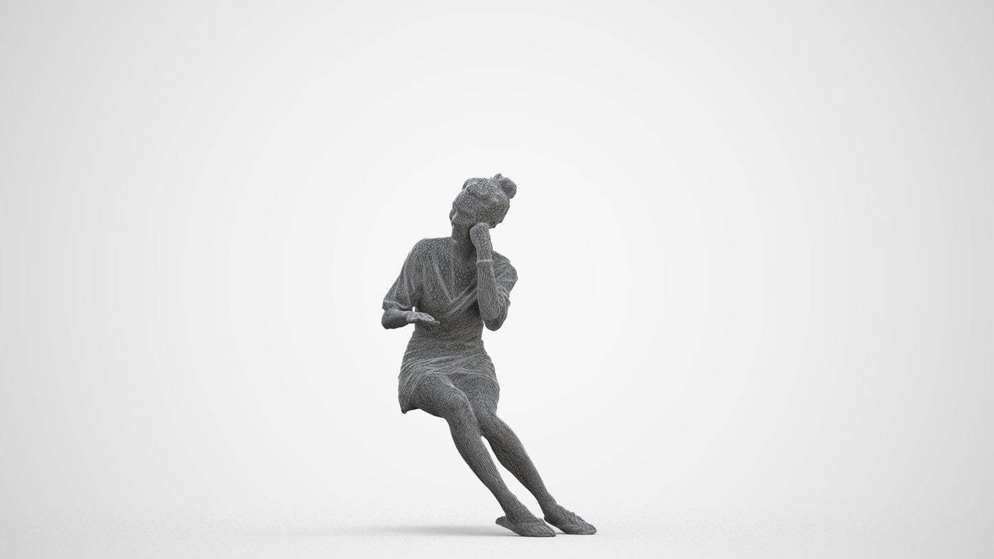 realistic 3D human woman casual sitting, archviz people FBX OBJ for Blender, three-quarter front view render