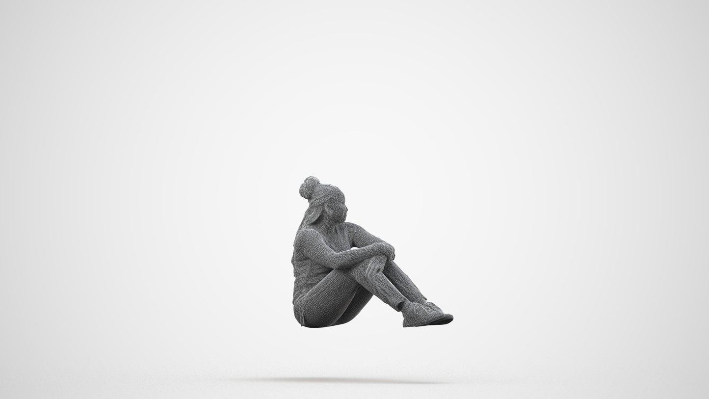 photogrammetry 3D woman casual sitting, realistic human model archviz FBX, wireframe side view