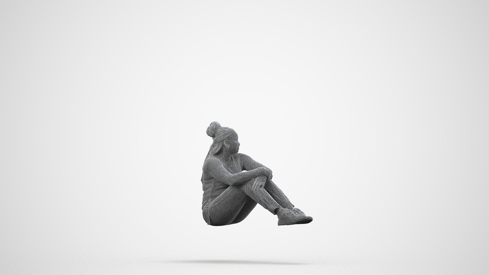 photogrammetry 3D woman casual sitting, realistic human model archviz FBX, wireframe side view