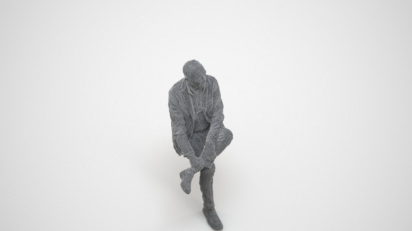 scanned 3D senior man business sitting, photogrammetry people for Enscape and V-Ray, wireframe three-quarter view