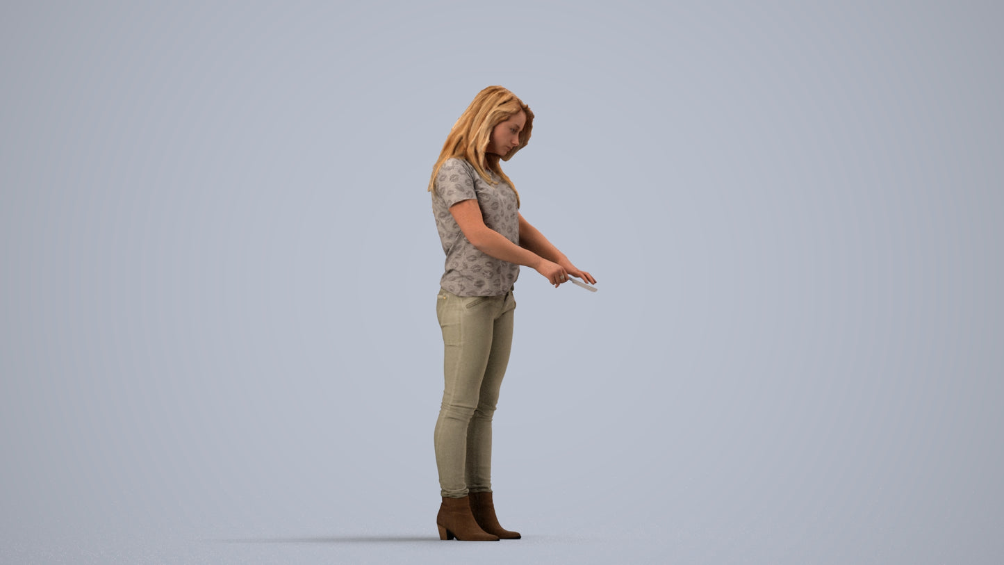3D human model woman casual standing, photogrammetry scanned person for archviz, side view render