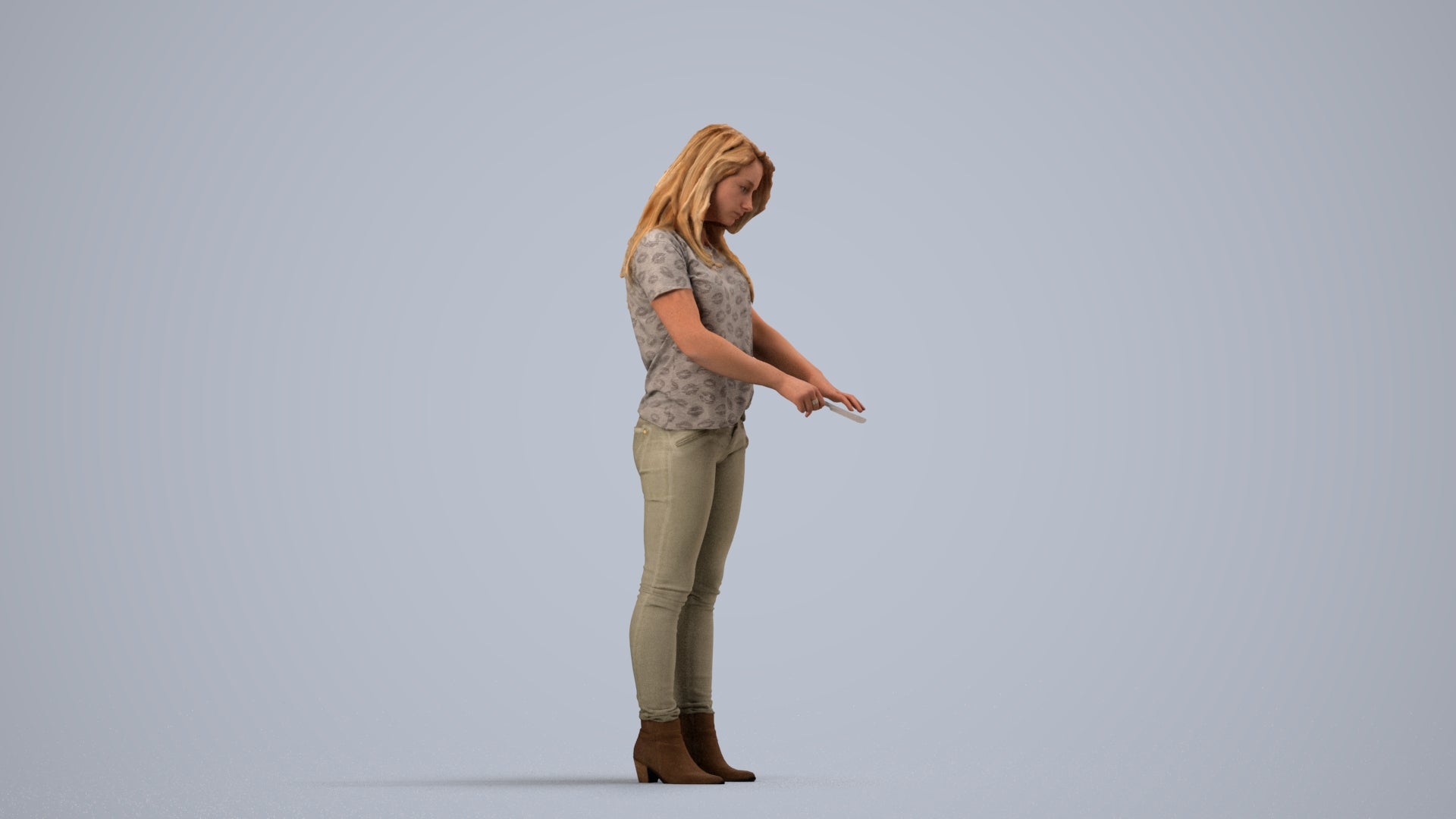 3D human model woman casual standing, photogrammetry scanned person for archviz, side view render