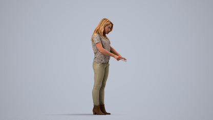 3D human model woman casual standing, photogrammetry scanned person for archviz, side view render